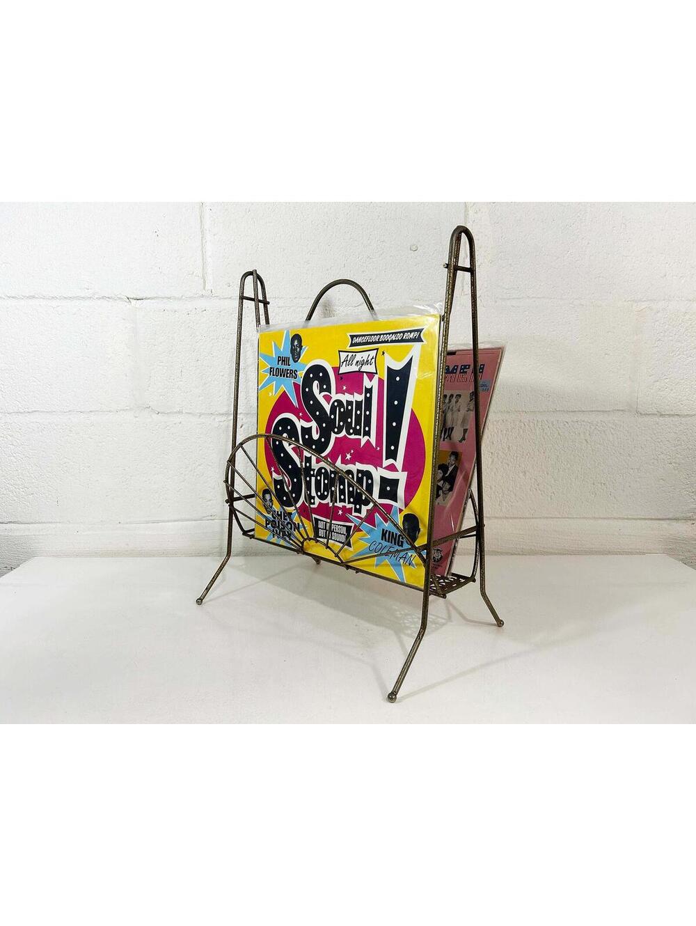 Vintage Magazine Rack Gold Metal Record Holder Basket 1960s Living Room Decor